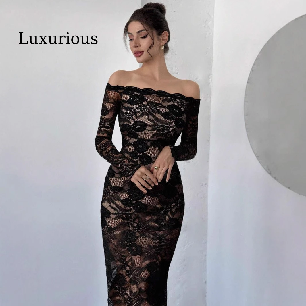 

Women's 2025 AW New Sexy Black Off Shoulder Lace Maxi Dress Elegant Slim Fit Formal Party Evening Gown Fashion Trendy Outfit