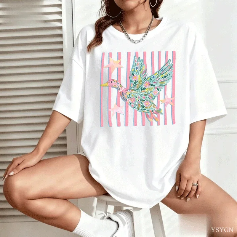 Vintage Floral Flying Duck Graphic T‑Shirt Pink Stripe Star Print Short Sleeve Crew Neck Unisex Casual Tees For Women