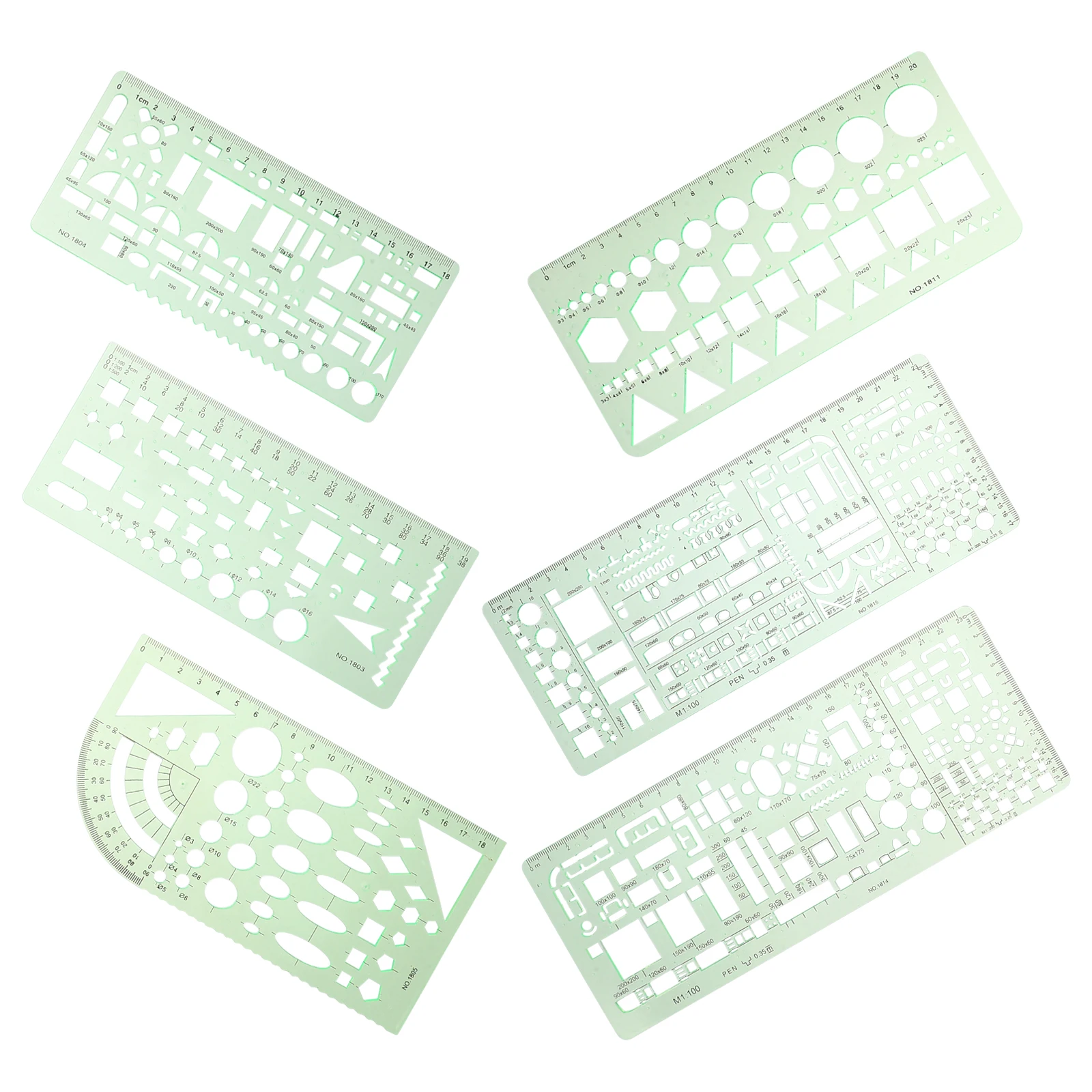

6 Drawing Templates High Grade Plastic Smooth Transparent Green Ruler Metric Centimeters School Office Design Home