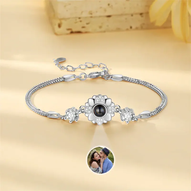 Personalized Projection Photo Sunflower Bracelet Zirconia Cubic Projection Memorial Photo Bracelet Bangle Gift Jewelry 2024