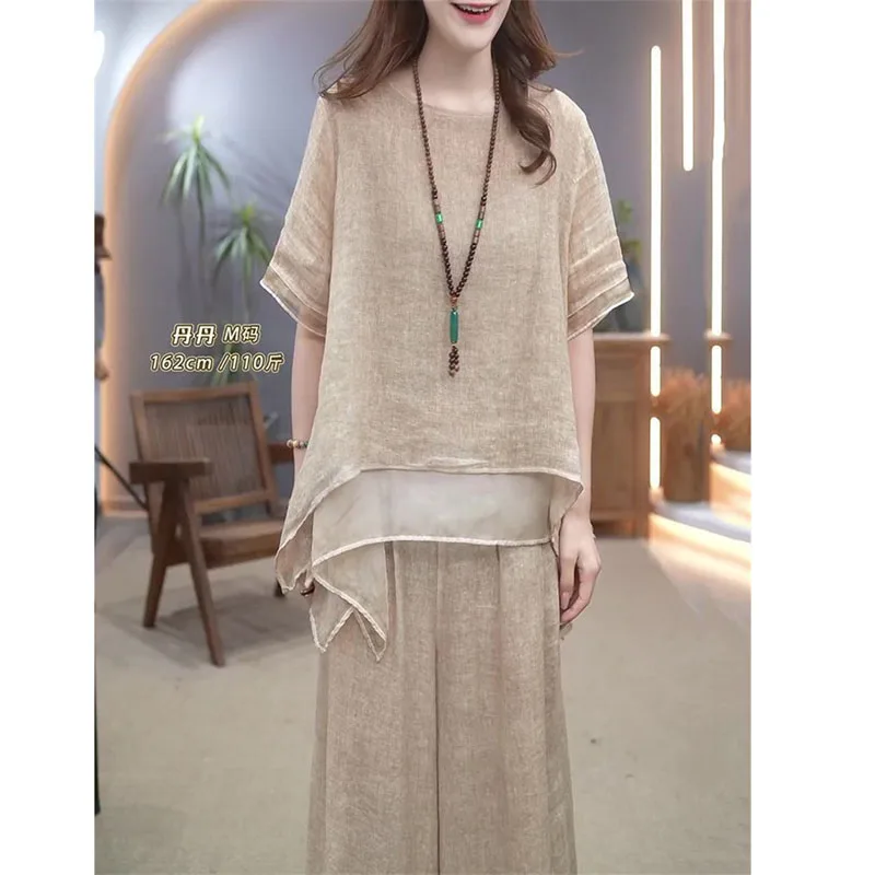 Literature and Art Retro Cotton Hemp Set for Women's 2024 Summer New Ethnic Style Loose and Slimming Style Two Piece Set Khaki