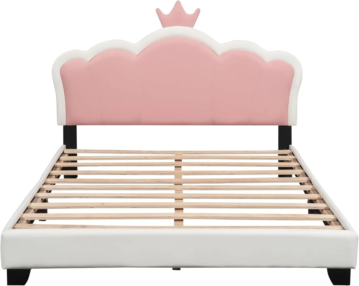 Marco de cama de princesa de tamaño completo con cabecero en forma de corona para niños, cama de plataforma tapizada con soporte de listones, niñas completas