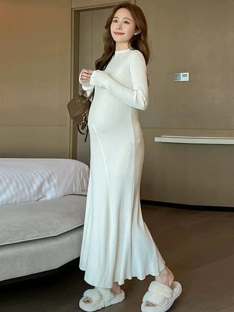 Korean Style Maternity Knitted Dress Solid Color Short Sleeve V-Neck High Waist Pregnant Woman Stretched Dresses Pregnancy Dress