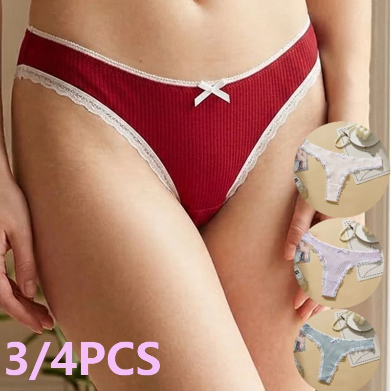 3 Pcs/set Women Stretch Ribbed Thongs Panties Cute Bow Lace Trim Cotton Blends Briefs Sexy Low rise Breathable Ladies Underwear