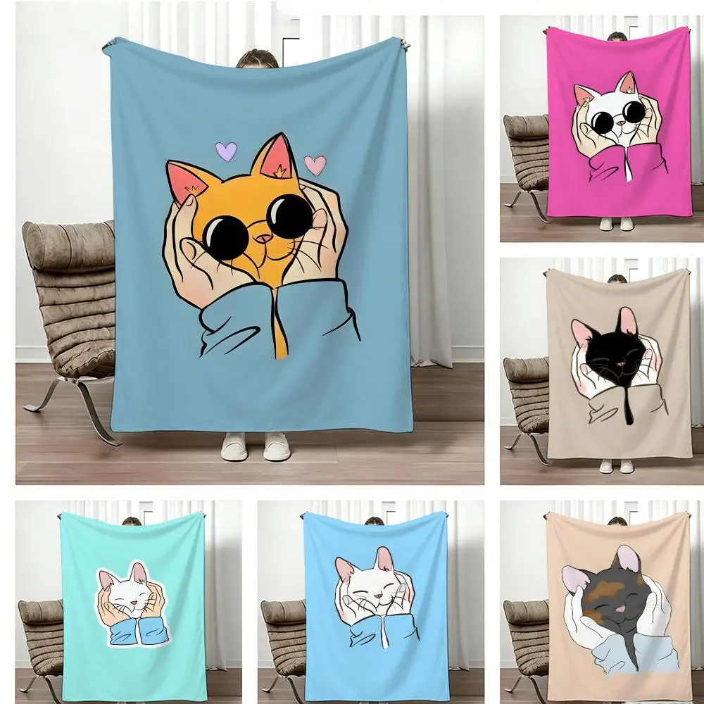 Cartoon H-Hands Cupping Cat Cheeks Throw Lightweight 240g Flannel Blanket Soft Skin-friendly for Summer Cooling