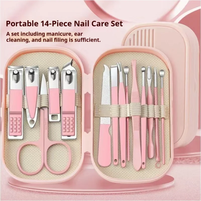 

14 Piece Deluxe Manicure & Pedicure Set Pink And Blue Stainless Steel Nail Scissors, Clippers, Ear Digging Spoon for Men & Women