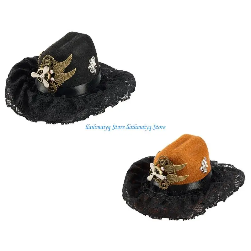

573B Gothic Hair Clip Cowgirls Hat Fascinator Hair Clip With Gear Decors Gothic Headpiece for Masquerade Event