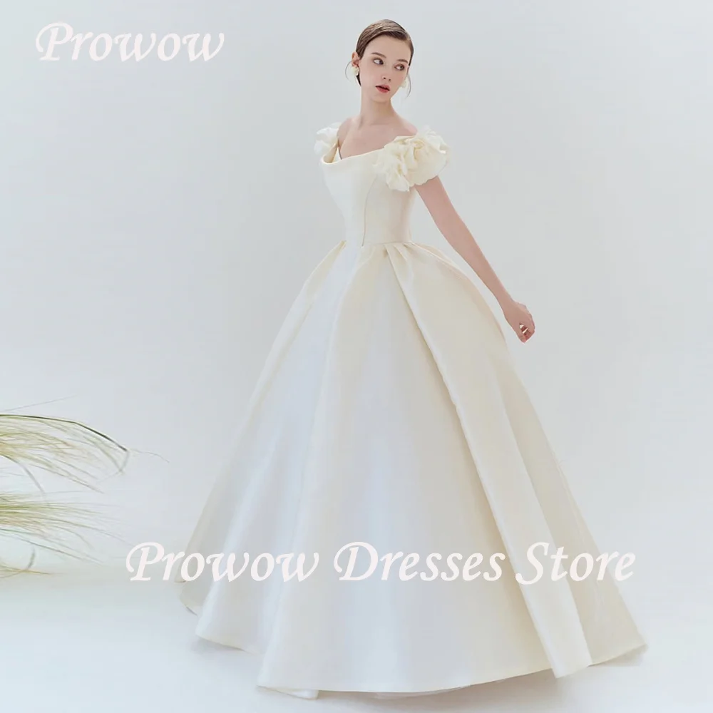 

Prowow Elegant A Line Wedding Dress Korea Photo Shoot Scoop Neck Pleats Bridal Gown Floor Length Short Sleeves Customized