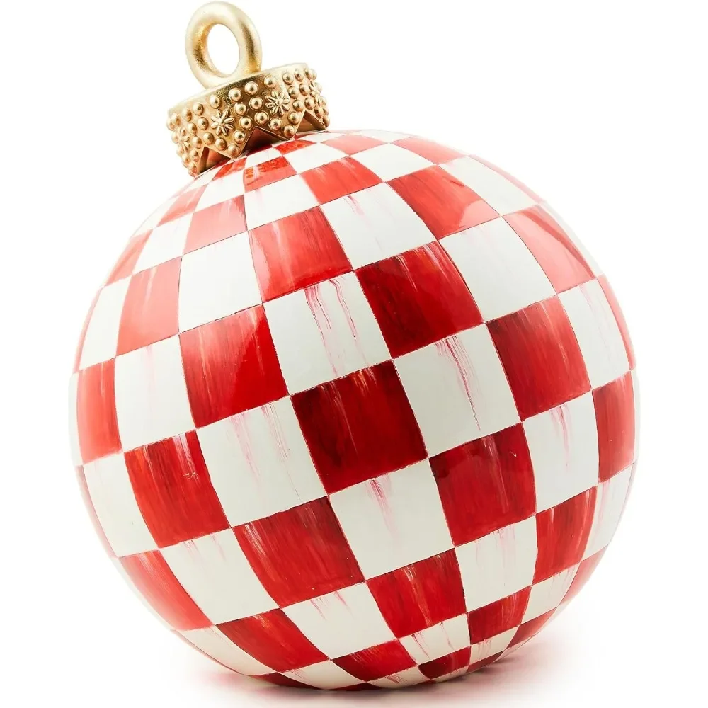 Resin Tabletop Ornament, Christmas Tree Ornament Ball Centerpiece, 11 Inch Diameter, Red Check