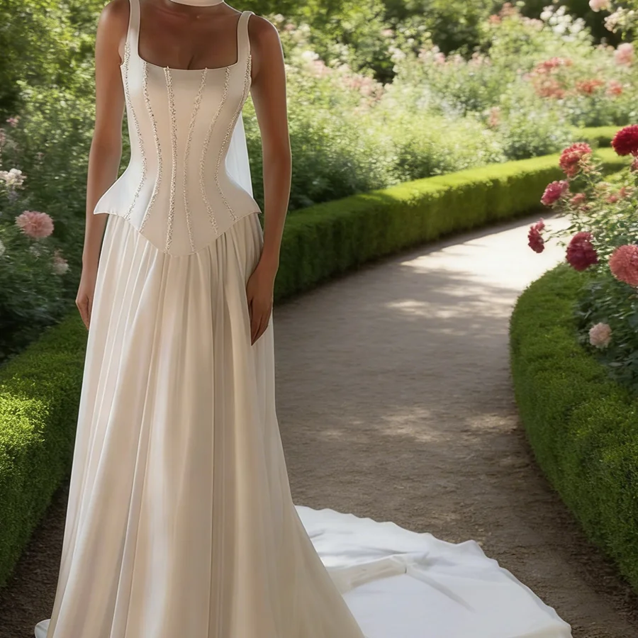 Elegant Square Collar Corset Sleeveless Pleat Straight Bride Wedding Dresses Bridal Gowns Customized