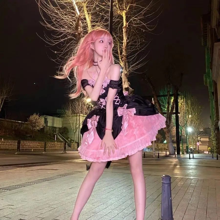 

Японское готическое платье Jsk в стиле "Лолита", милое вечернее платье с цветочным принтом и лямкой на шее, Бандажное вечернее платье для девочек Y2k, платье с бантом на шнуровке в стиле панк