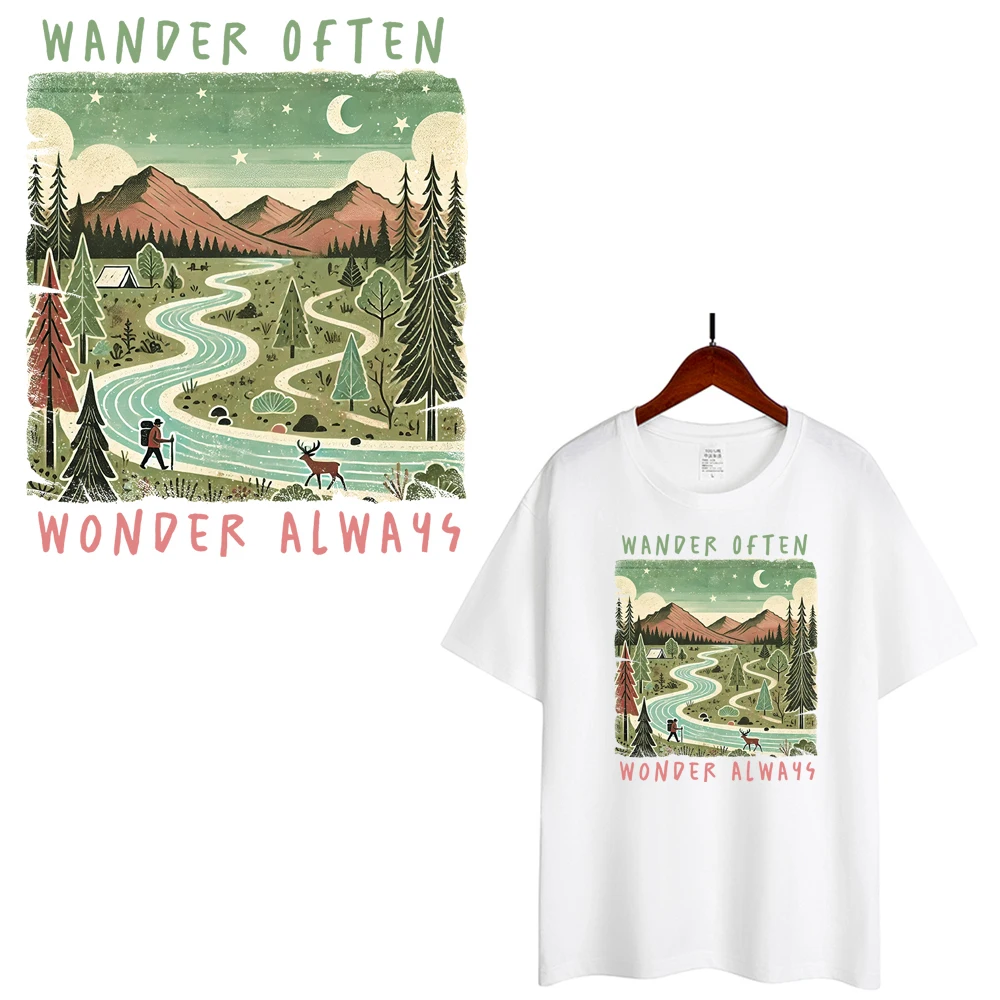 Wander Often Wonder Always Wild Camping Heat Transfer Sticker For Clothes DIY A-Level Washable Shirt Iron-on Thermal Decal