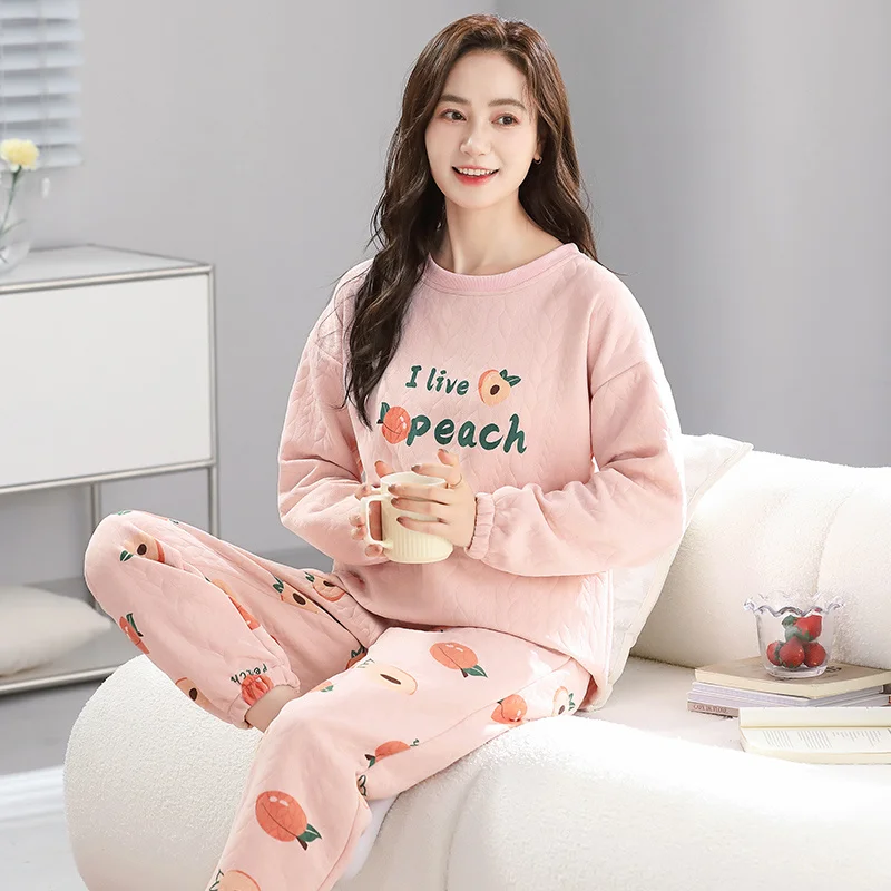 

Pajama Sets Soft Women Winter Flannel Animal Print Heavyweight Thermal Female Nightwear Thickened Warm Cute Funny Loungewear Set