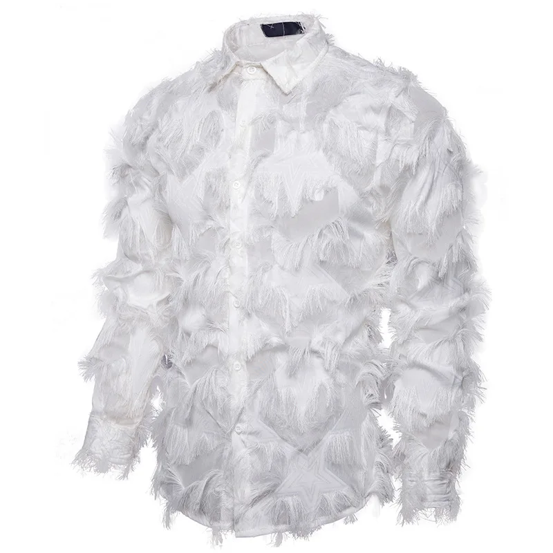 Black White Streetwear Hip Hop Shirt Men Tassels Party Night Club Men's Shirts With Long Sleeves Euro Size Spring Autumn