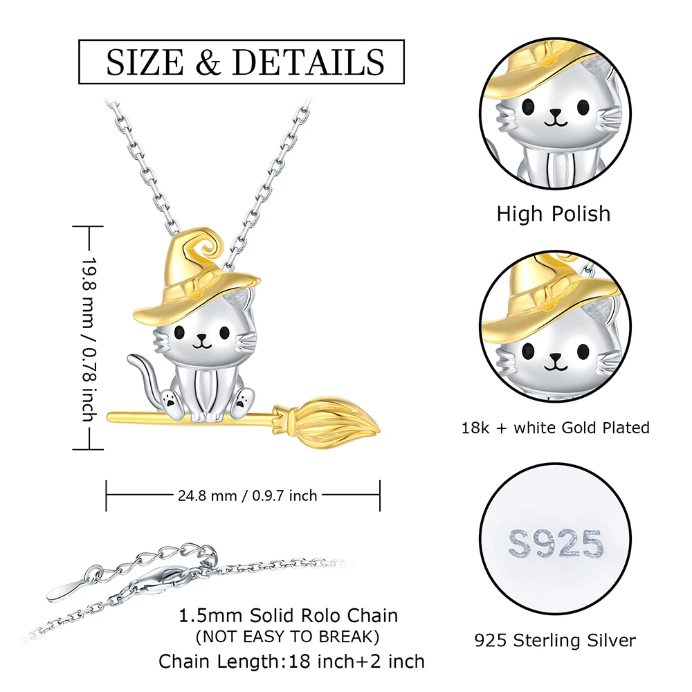 925 Sterling Silver Cat Necklace Cute Animal Witch Pendant Birthday Christmas Halloween Jewelry Gift For Women Girls Friends