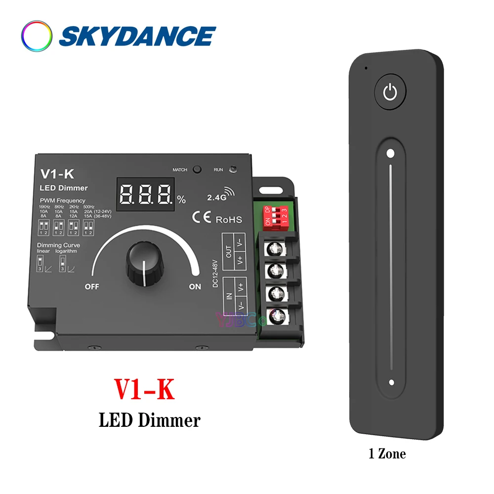 V1-K LED Strip Dimmer 12-48V DC PWM Frequency Adjustable 1CH 20A Rotary Knob