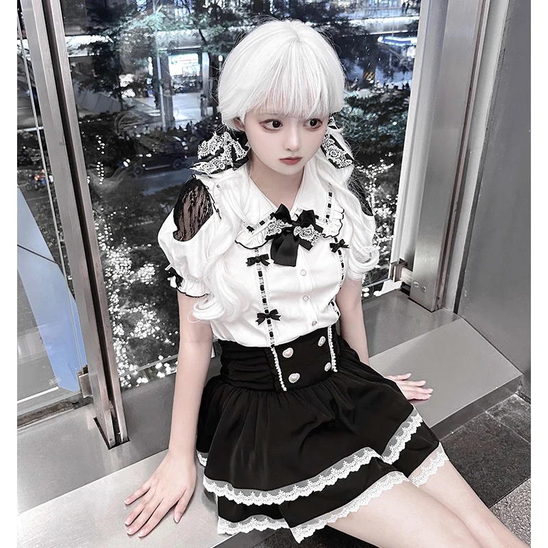 Original japonês minas estilo produzido em massa arco boneca colarinho manga curta único breasted doce versátil camisa superior feminino verão