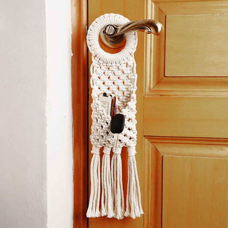 Door Handle Key Holder Cotton Cord Woven Key Organizer Bohemian Macrame Tassel Decor Storage Pouch for Entryway Home