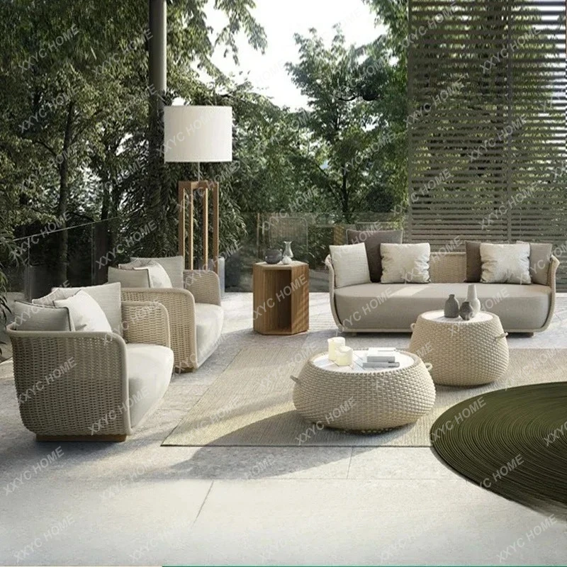 

A Outdoor Rattan Sofa Balcony Villa Outdoor Terrace Hotel Courtyard Garden Waterproof Sunscreen Leisure Combination Furniture