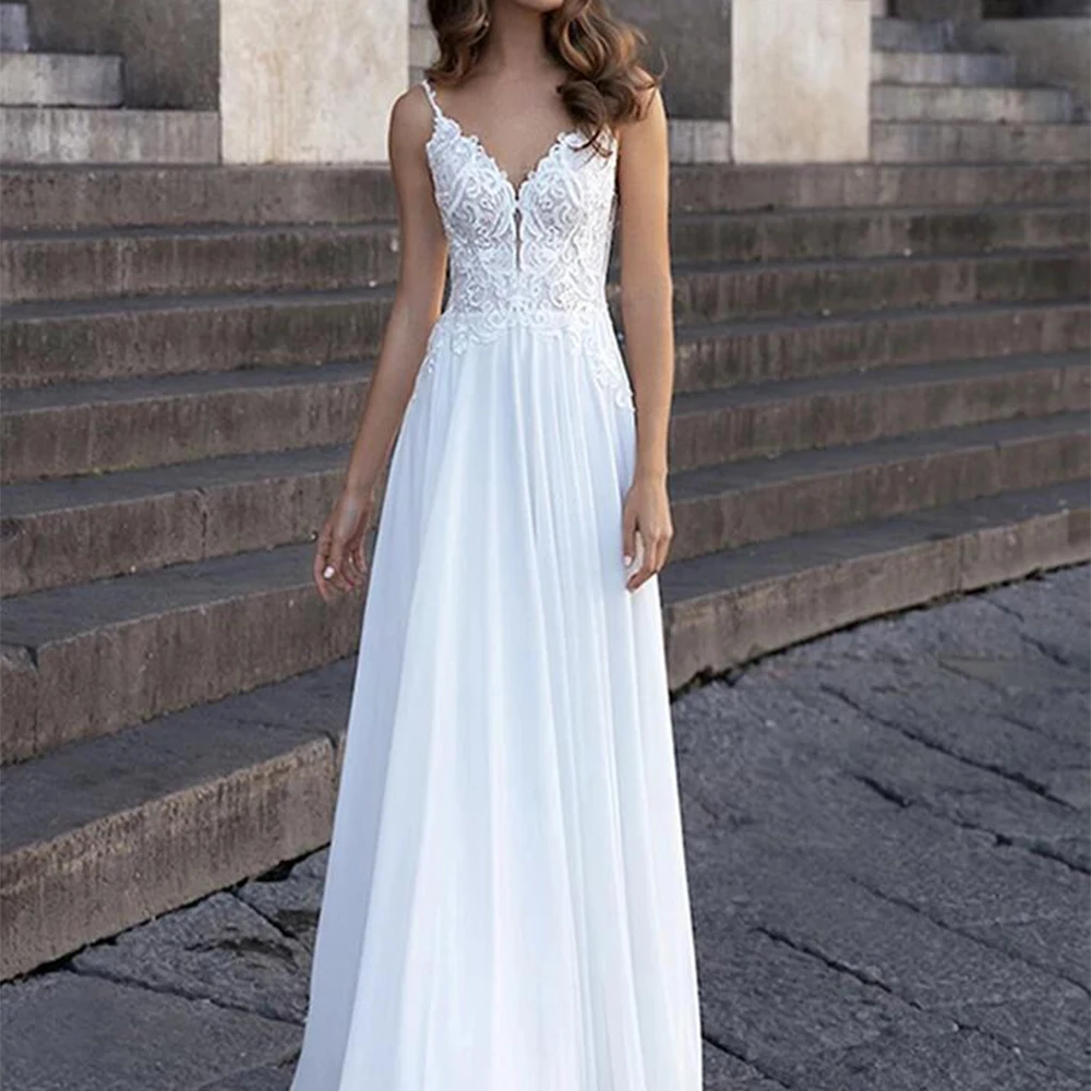 

Элегантное платье невесты с глубоким v-образным вырезом на тонких бретельках Коктейльные платья без рукавов с кружевной аппликацией из шифона Vestido De Novia