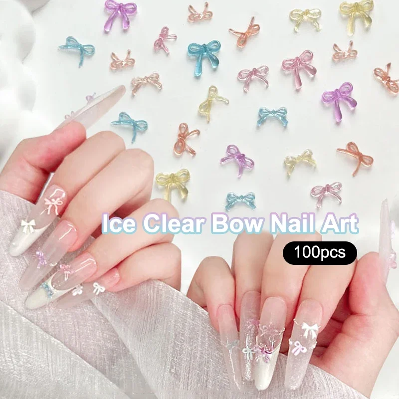 Ruban de couleur Transparent glacé doux, 100 pièces, nœud papillon, outils de décoration pour Nail Art, portant un accessoire en diamant pour Nail Art