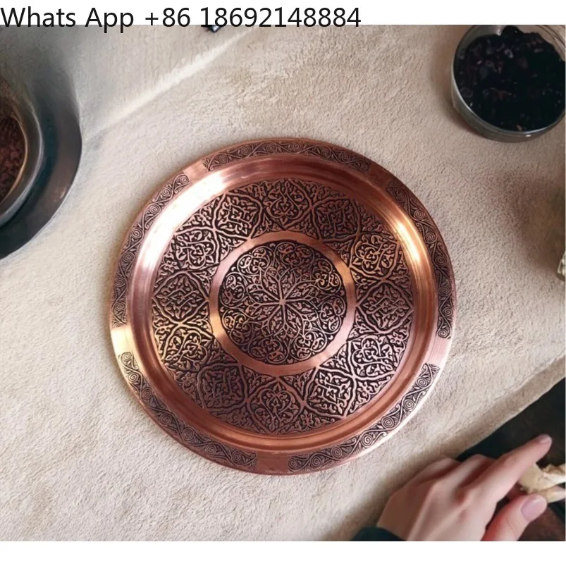

Original imported copper handmade coffee tray copper natural color retro European court engraving silver round