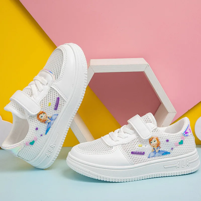 Summer Kids Girls Mesh White Shoes Princess Anime Character Board Shoes scarpe Casual bambini Mesh Sneakers antiscivolo traspiranti