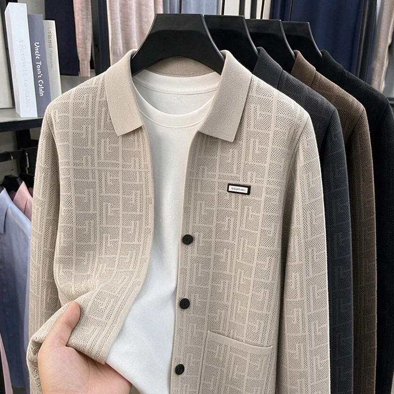 Light luxury Brand Men's knitted sweater coat unique jacquard autumn winter comfort casual pocket button trend lapel cardigan