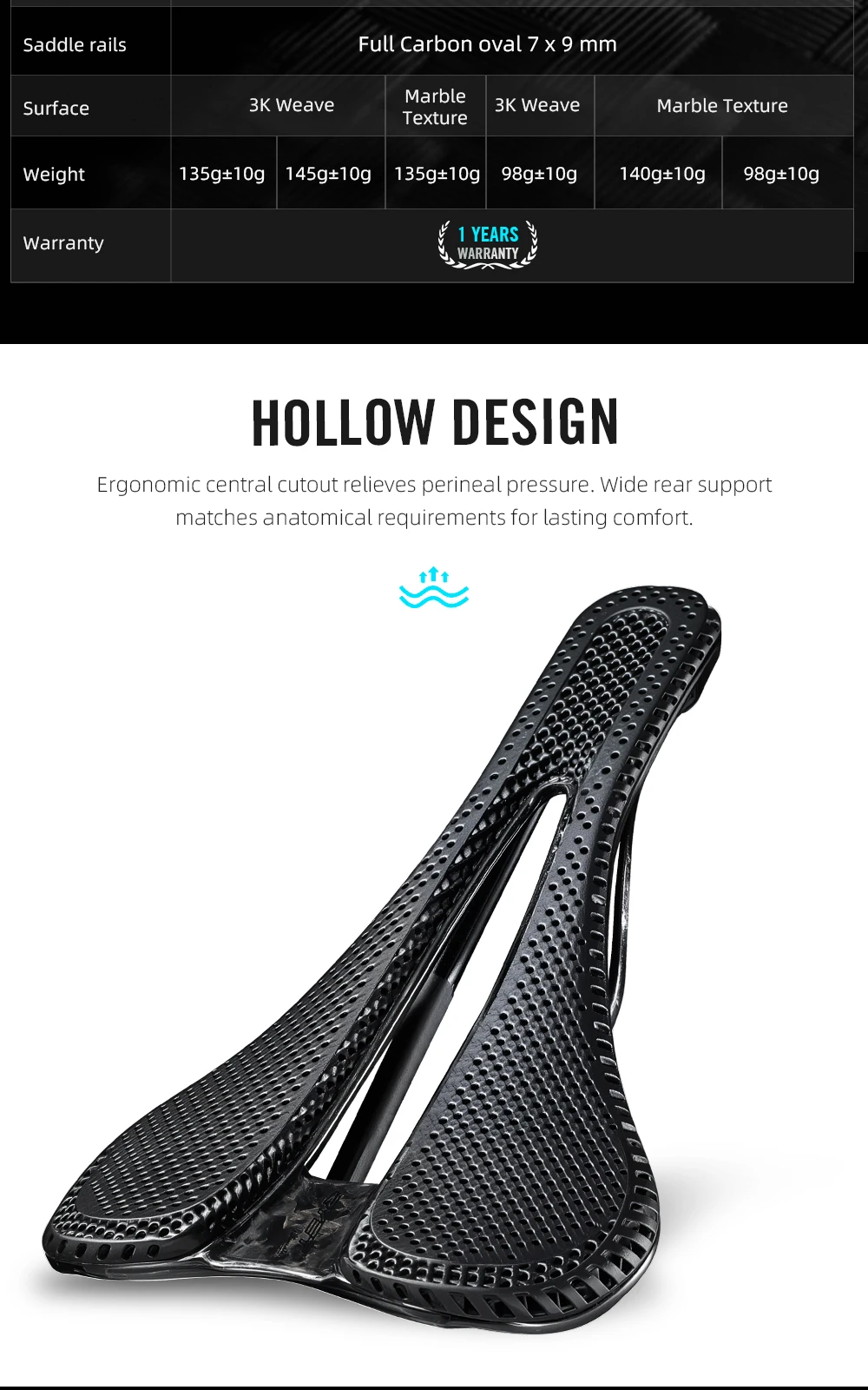 RYET Carbon 3D-gedruckter Sattel, 240 mm × 143/155 mm, superleicht, 98 g, 7 x 9 Fahrradsitz für Männer und Frauen, Triathlon, Rennrad, MTB, Gravel-Bike – Detail 4