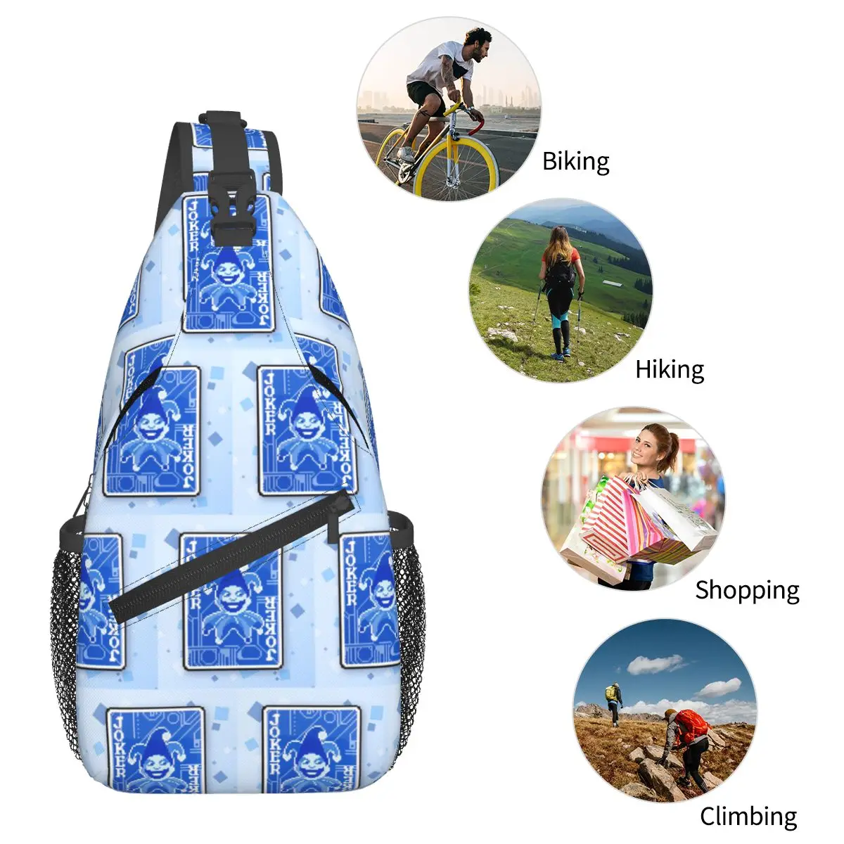 Balatro بطاقة الألعاب جوكر مضحك حقيبة الصدر الرجال حبال Crossbody على ظهره حقيبة صدر للرجال السفر المشي لمسافات طويلة Daypack حقيبة كتف