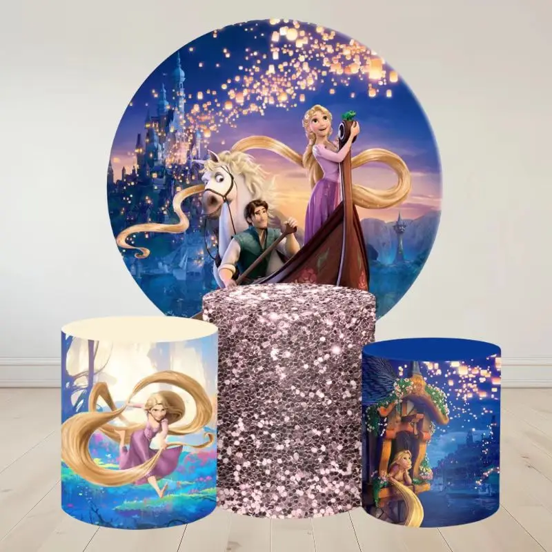

Hasbro Tangled Rapunzel Cylinder Plinth Cover Round Photo Backdrop Baby Birthday Party Dessert Table Photography Background