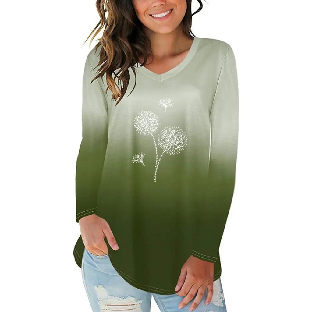 

Women's Gradient Color Dandelion Print T-shirt V-neck Long Sleeve Irregular Hem European And American Style by