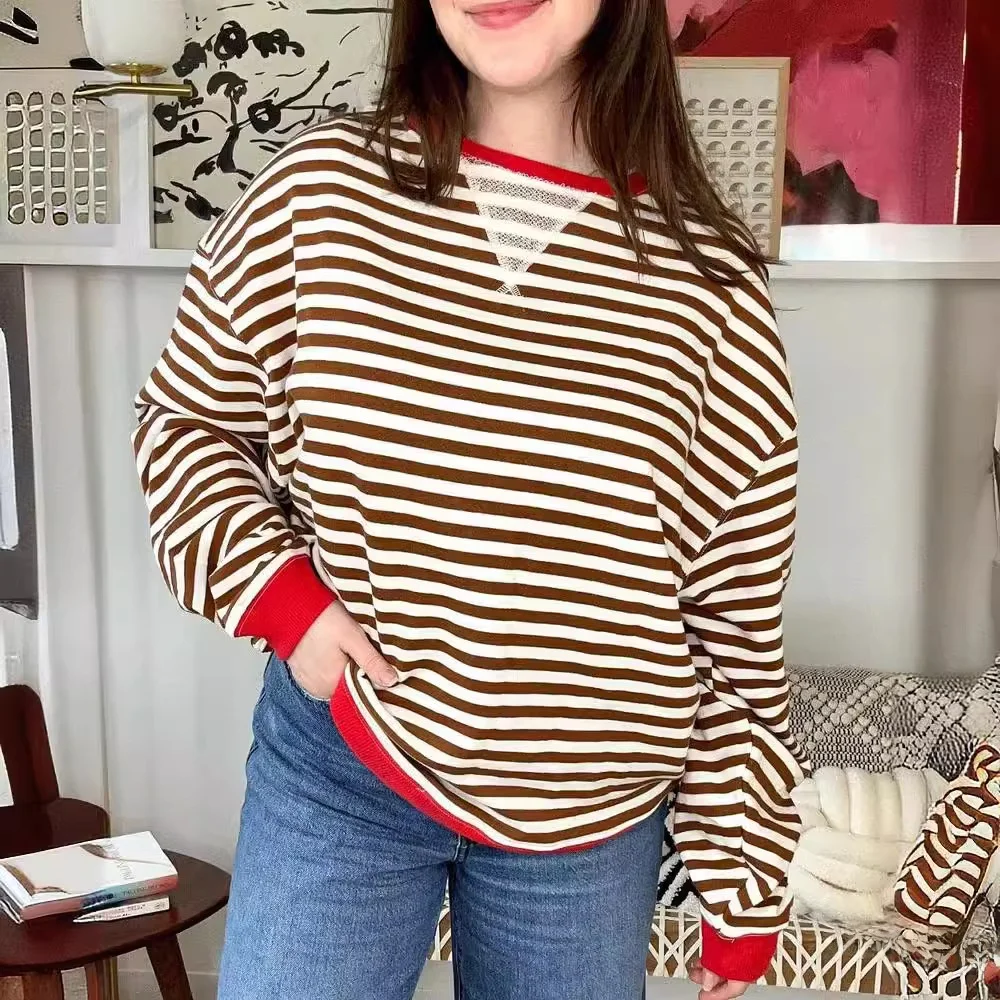 Sweat-shirt rayé ample et décontracté pour femme, Long, Sve, automne-hiver, Faion, confortable, doux, rond, Ne, pull à capuche