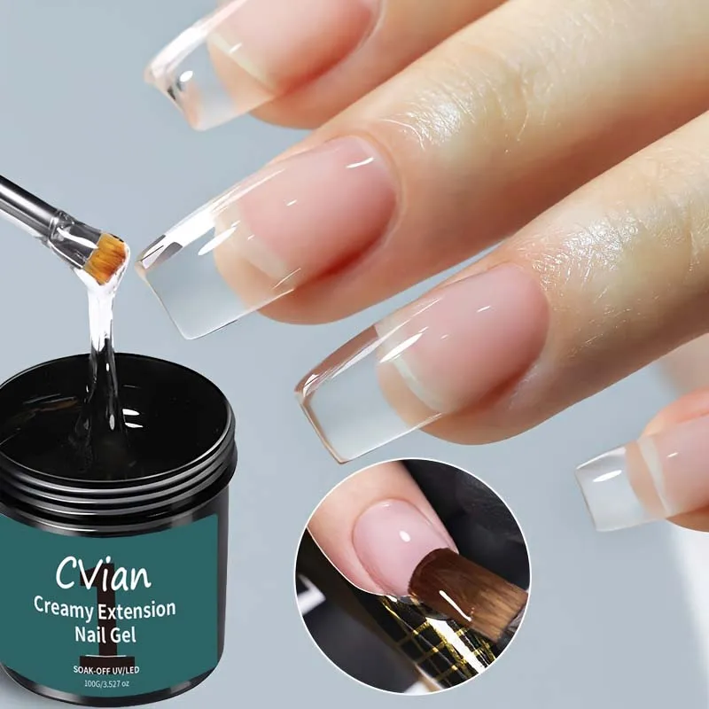 

100 г кремового геля для наращивания ногтей в оттенке молочно-прозрачного нюд, идеально подходит для создания французского маникюра с полуперманентным эффектом