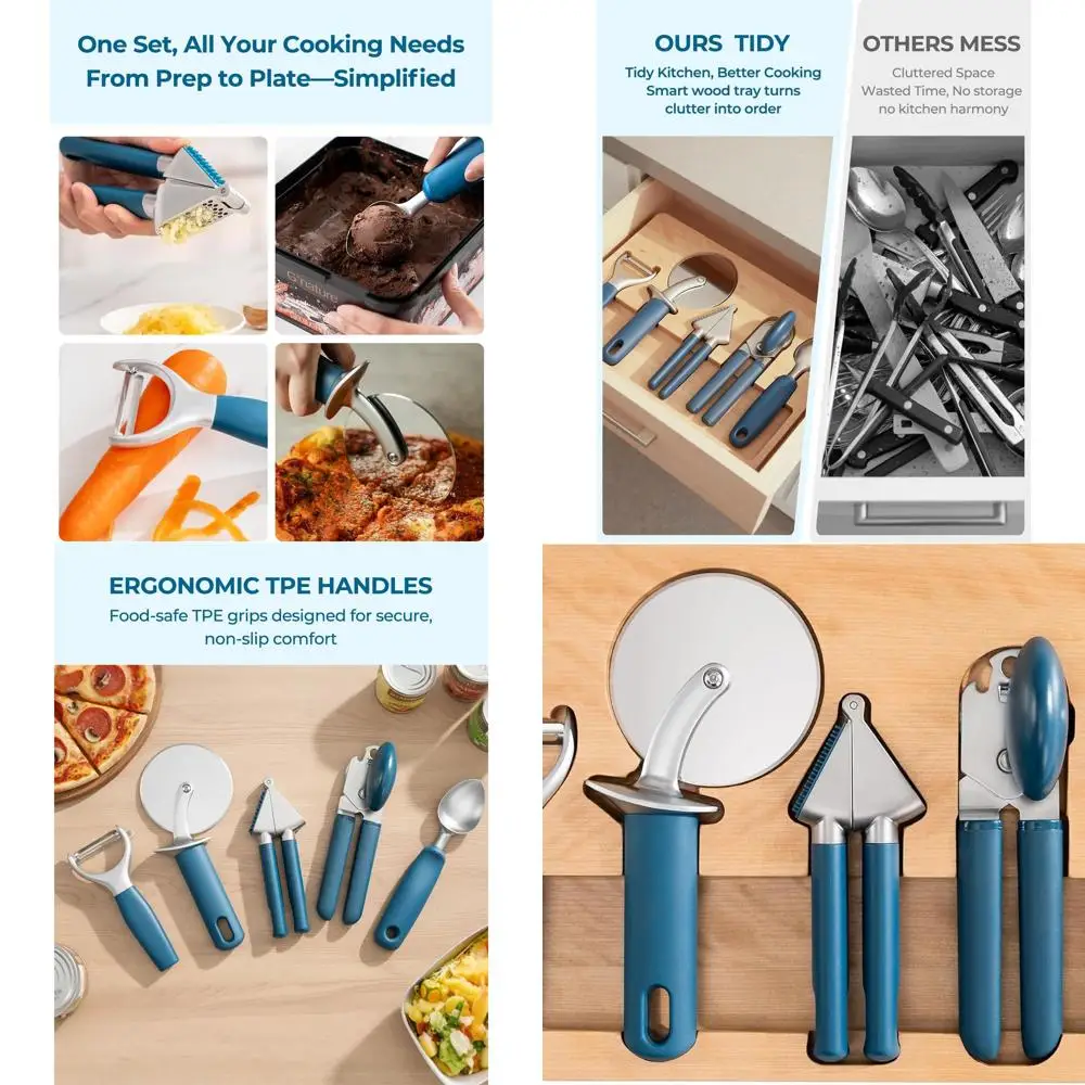 

5-Piece Zinc Alloy Kitchen Tool Set with TPE Handles: Can Opener, Pizza Cutter, Garlic Press, Ice Cream Scoop, Peeler, Wooden Tr