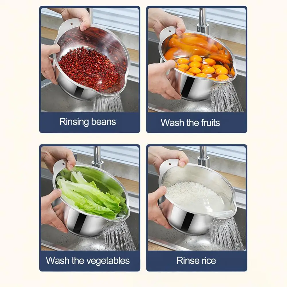 Stainless Steel Rice Washing Basin Inclined Bottom Metal Sieve Colander Rice Fruit Vegetable Strainer Kitchen Cleaning Tools