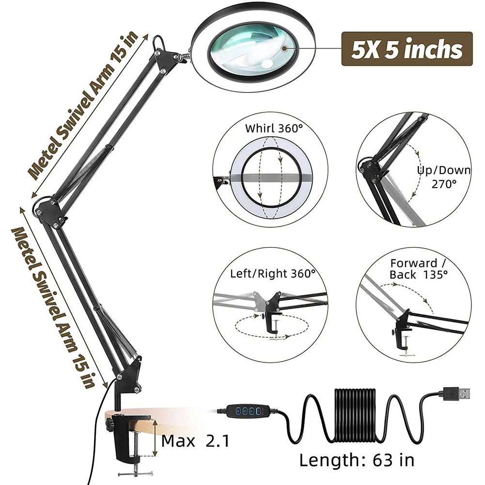 ABWZ-Magnifying Glass With Light And Bracket,3 Color Modes Stepless Dimmable LED Desk Lamp, Used For Reading And Repairing