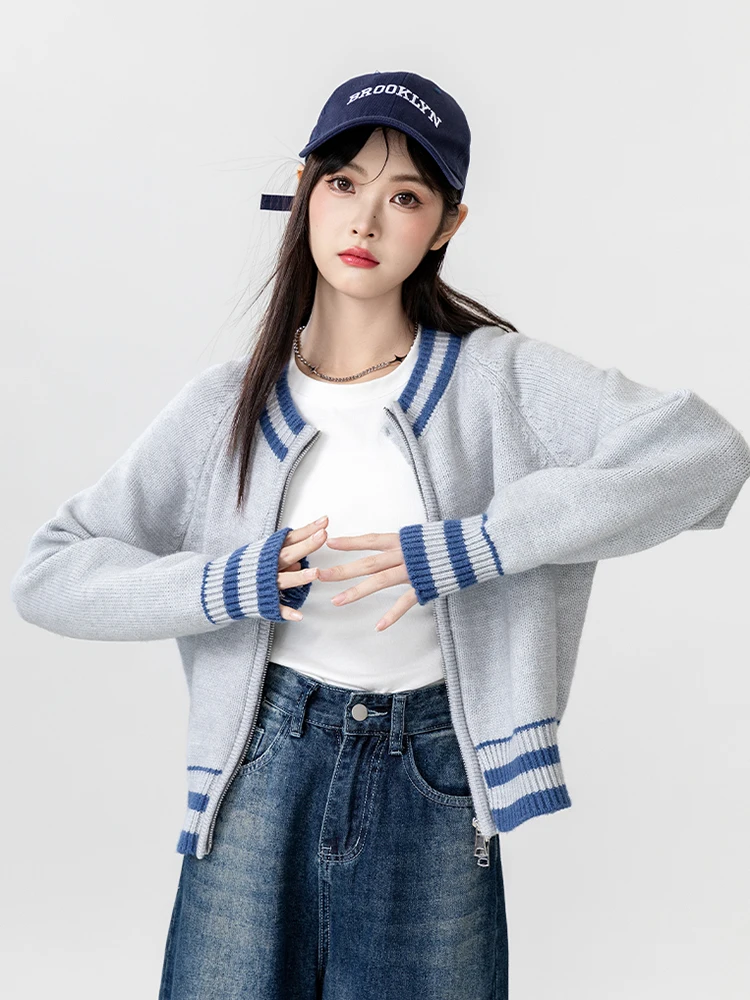 Zoki Vintage Striped Cardigan Sweaters Women Casual Loose Knitted Baseball Jackets Fall Preppy Style Lady Double Zipper Tops New