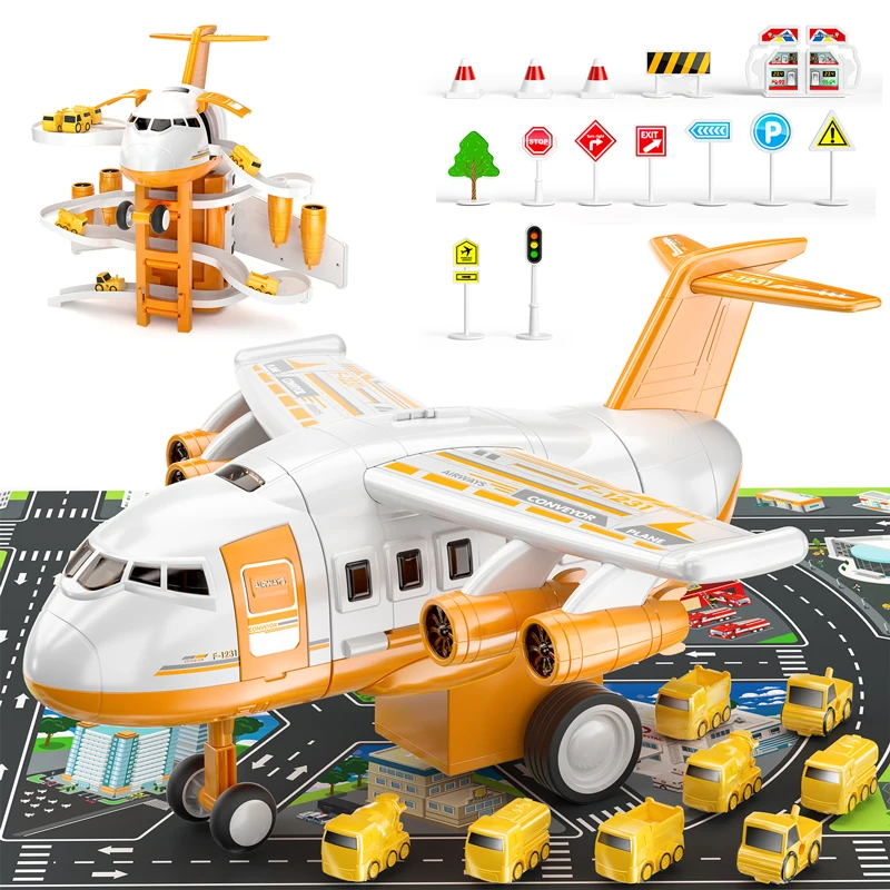 Children's deformation transport plane toys and engineering track cars are suitable for children aged 3-7 and come with game mat