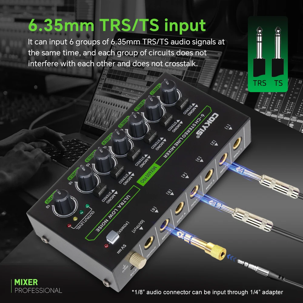 6 Kanaals Ultra Low Noise Stereo Lijn Mixer Mini Professionele Geluidsmixer met RGB Licht DC5V Eenvoudige Bediening Audios Mixer