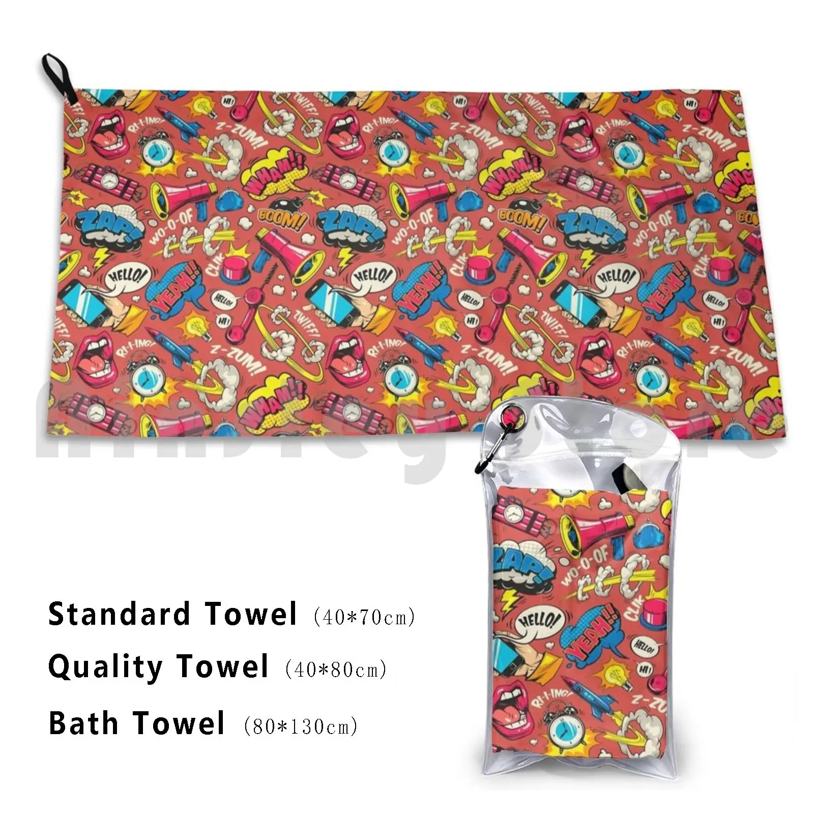 Red Comic Style Bath Towel Beach Cushion Heroes Fights Dynamite Mouth Comic Superheros Hits Yeah Wham Zaap Puff