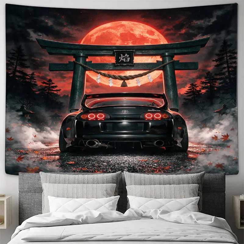 Japanese Torii Gate Moon Car Anime Supra JDM Wall Tapestry Curtain Window Decoration Art Print Home Decor view 3