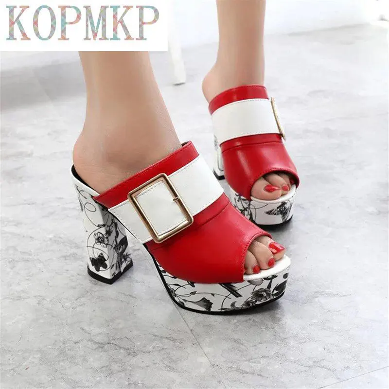 3Color Fashion Summer Women Elegant Buckle High Heel Sandals Peep Toe Platform Shoes Sexy Chunky Heel Shoes Lady Thick Heel 40