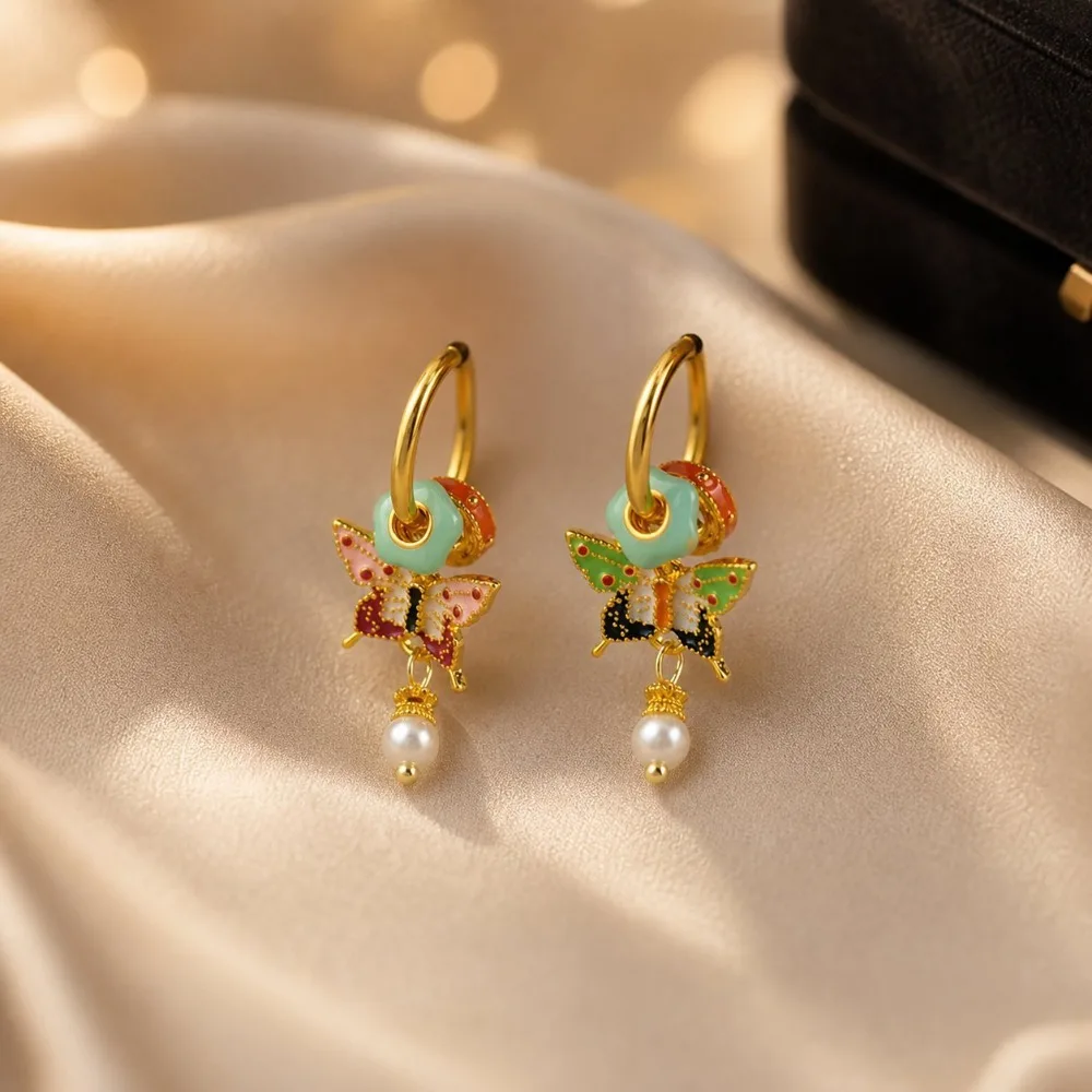 Women's high-end new Chinese retro niche China-Chic color butterfly earrings asymmetric temperament earrings gift