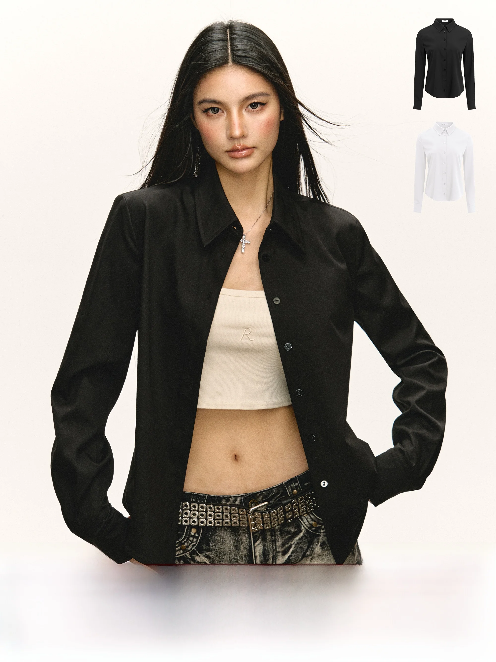 

Ariseism American Retro Women's irt Slim Fit New Sle Street Faion Polyester Long Sve Collar Pure Color Spring 2025