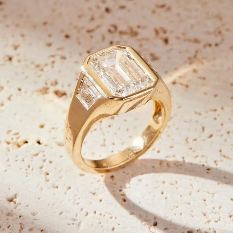 4.00 Ct Emerald Cut Lab Grown Diamond Engagement Ring with Trapezoid Side Stones 14K 10K Gold IGI Certified DEF / VS VVS Clarity