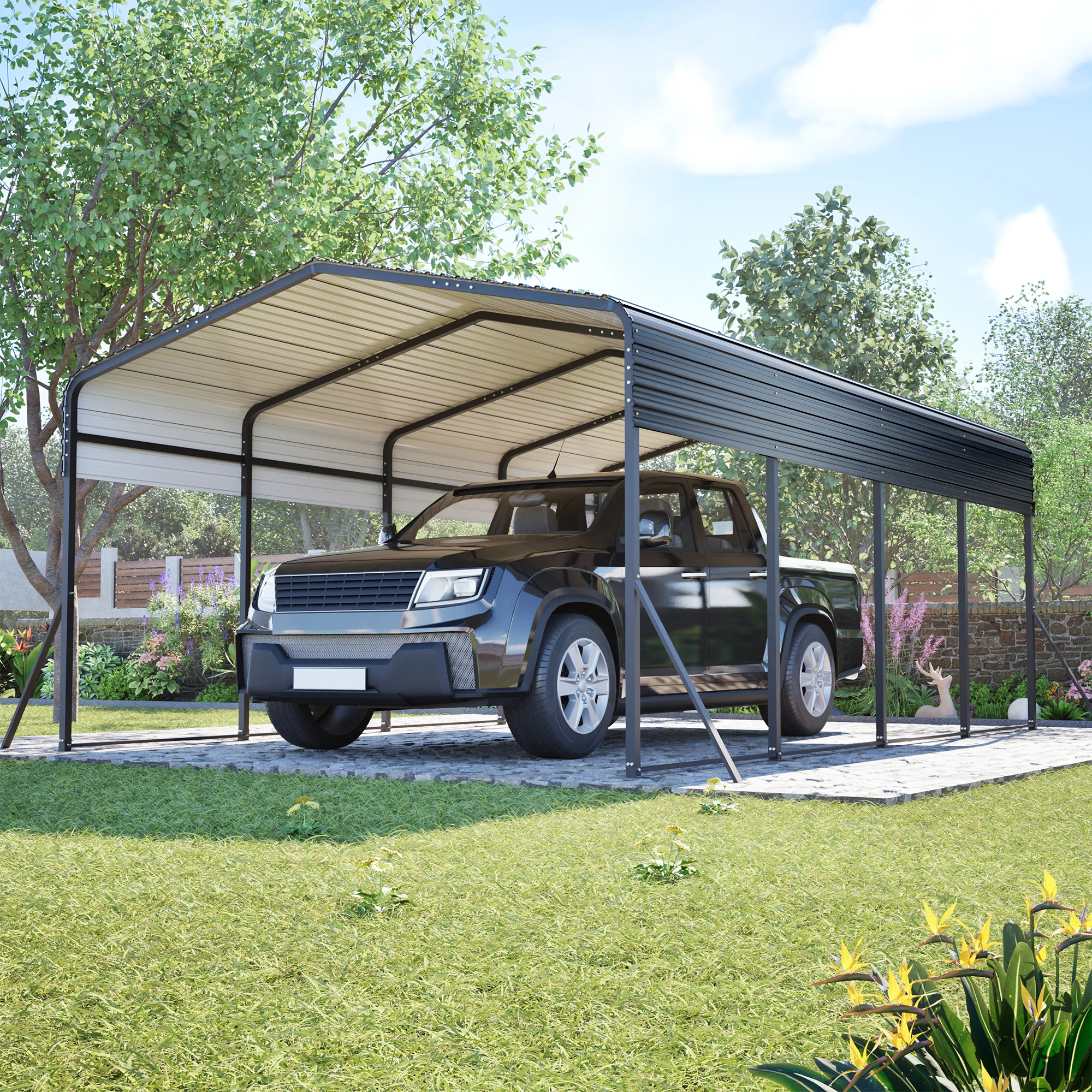 13x20FT Metal Carport Garage Upgraded Triangle Reinforced Frame 4 Poles Shelter for Car Truck Boat Outdoor Storage