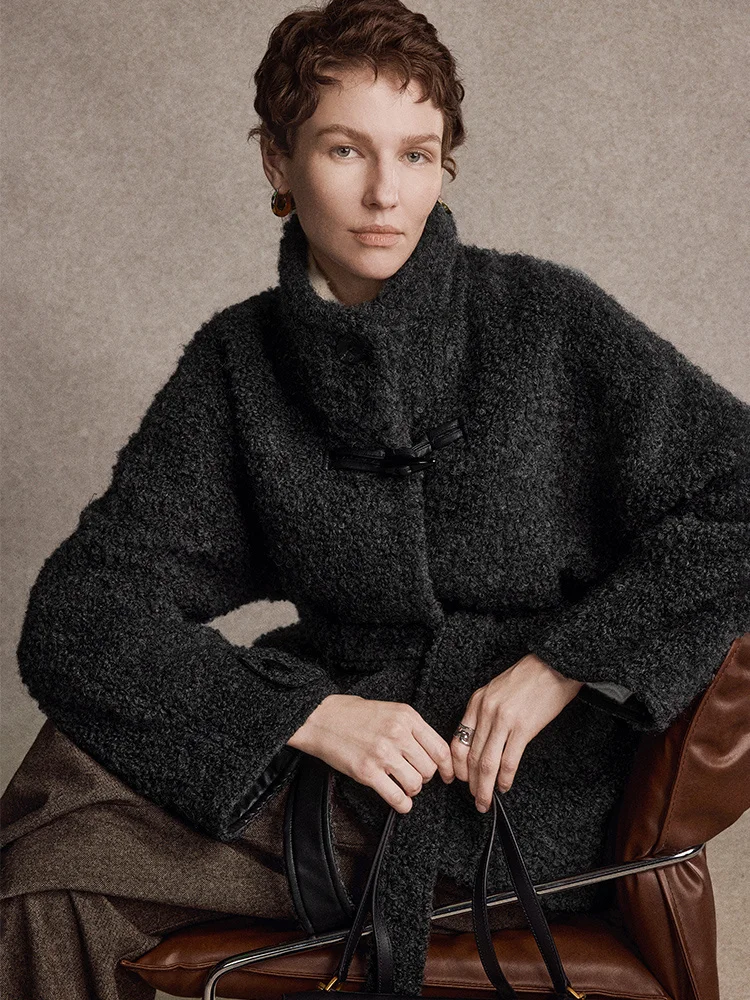 

Wind Home High Yarn Wool ort Coat Small Fur Waist Inward Stand Collar WT0787 Women's Faion Commute Sle Coat