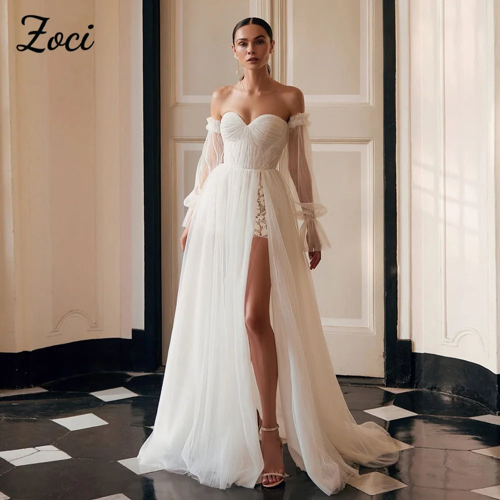 

Zoci Princess Sweetheart Beach Boho Wedding Dresses Long Puff Sleeves Corset Bride Dress Customized Pleat Tulle Lace Bridal Gown