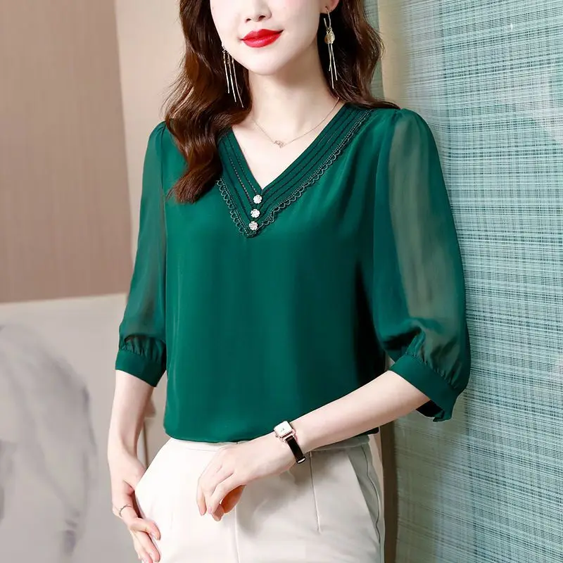 Summer Office Lady Printing Solid Color Chiffon Pullover V-neck 3/4 Sleeve Blouse Ladies Fashion Lace Shirts Women Clothing Tops